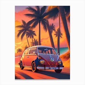 Retro Car At Beach With Sunset Canvas Print
