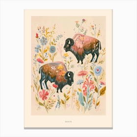 Folksy Floral Animal Drawing Bison 2 Poster Canvas Print