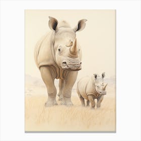 Rhino & Young Rhino Walking Through The Grass Vintage Illustration Canvas Print