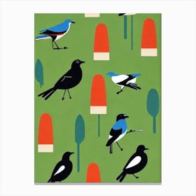 Magpie Pattern Midcentury Illustration Bird Canvas Print