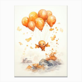 Octopus Flying With Autumn Fall Pumpkins And Balloons Watercolour Nursery 2 Canvas Print