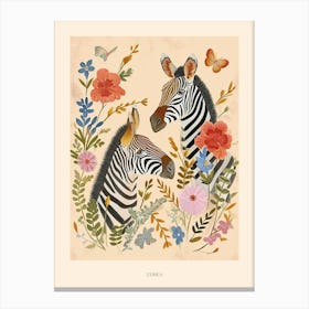 Folksy Floral Animal Drawing Zebra 3 Poster Canvas Print