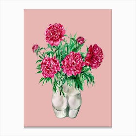 Peonies In Bum Vase On Pink Canvas Print