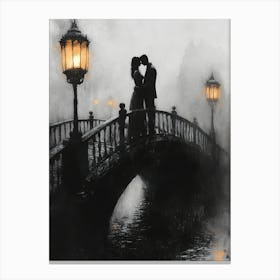 Couple Kissing On A Bridge, Romantic Monochrome Charcoal style Stampe su tela