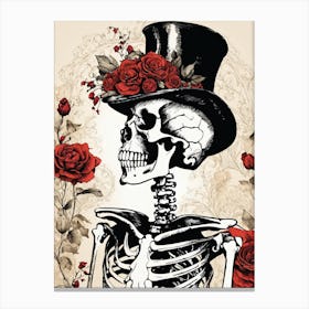 Floral Skeleton With Hat Ink Painting (74) Canvas Print
