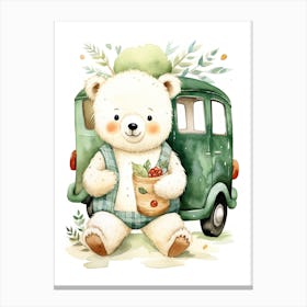 Baby Polar Bear On A Toy Car, Watercolour Nursery 1 Canvas Print