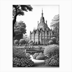 Château De Chantilly Gardens, France Linocut Black And White Vintage Canvas Print