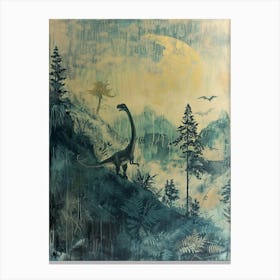 Dinosaur In The Rain On The Hill Painting Canvas Print