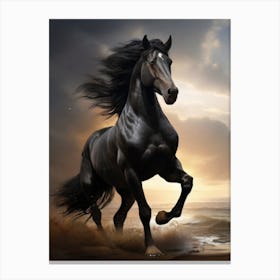 Black Horse Running On The Beach 1 Canvas Print