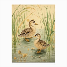 Sweet Ducklings Japanese Woodblock Style 1 Canvas Print