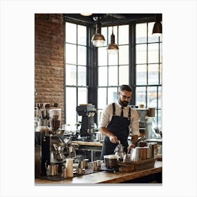 Barista In A Steam Filled Industrial Style Eatery Clad In A Hipster Uniform Meticulously Grinds Co (2) Canvas Print