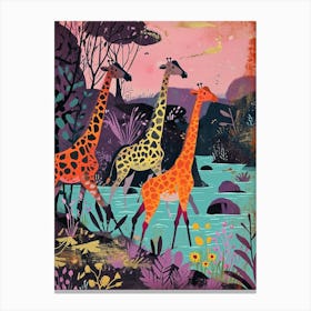 Cute Colourful Giraffes In The Water Canvas Print