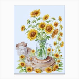 Sunflowers And Dog 1 Canvas Print