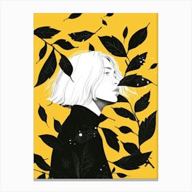 Black And White Girl With Leaves Canvas Print