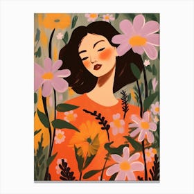 Woman With Autumnal Flowers Cosmos Canvas Print