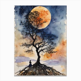 Moonlit Tree Contemplation - Full Moon Contemplating Serenity Calm Yoga Meditating Spiritual Grounding Heart Open Buddhist Indian Travel Guidance Wisdom Peace Love Witchy Beautiful Watercolor Woman Trees Blue Silhouette Canvas Print