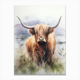 Watercolour Of Highland Cow In Rainy Field Canvas Print
