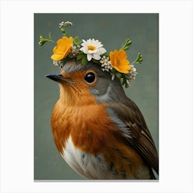 Bird With A Flower Crown European Robin Art Print 10 Canvas Print