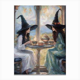 Witch Friends Meet to Drink Tea - Best Witches Have Afternoon Tea and Drinks - Witchy Artwork for Feature Gallery Wall Coven Pagan Wicca Witchcraft Art Fairytale Oil Paint Fancy Magick HD Canvas Print