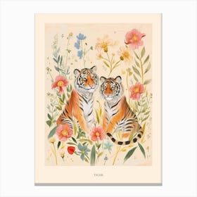 Folksy Floral Animal Drawing Tiger 8 Poster Canvas Print