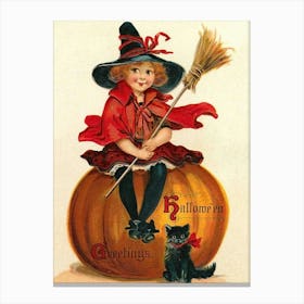 Cute Little Witch Sitting On A Pumpkin And A Black Cat Canvas Print