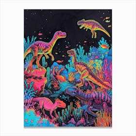 Neon Dinosaurs Underwater Canvas Print