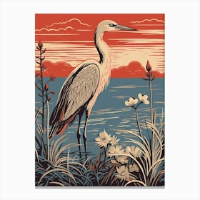 Vintage Bird Linocut Egret 3 Canvas Print