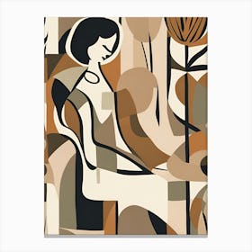 Mid Century Lady at Desk Dressing Table Solitude Silouette Leaves Abstract Feature Wall Pattern | Matisse Neutral Autumn Tones Block Canvas Print