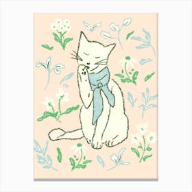 Cat Licking Paw in wildflowers Canvas Print