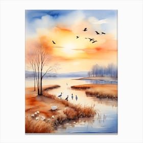 Watercolor Of A Lake With Birds Canvas Print