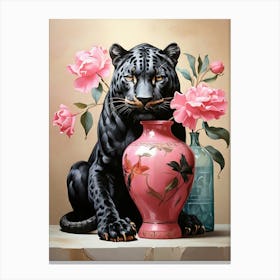 Black Panther With Pink Roses art print Canvas Print