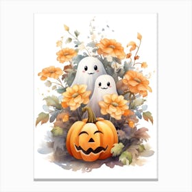 Cute Ghost With Pumpkins Halloween Watercolour 57 Canvas Print