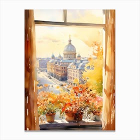 Window View Of Helsinki Finland In Autumn Fall, Watercolour 4 Canvas Print