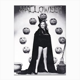 Happy Pin Up Witch With Pumpkins Canvas Print