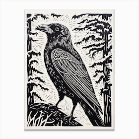 B&W Bird Linocut Raven 1 Canvas Print