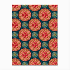 MOSAIQUE Bohemian Floral Mandala Tiles in Exotic Red Green Blush Sand Blue on Dark Teal Canvas Print