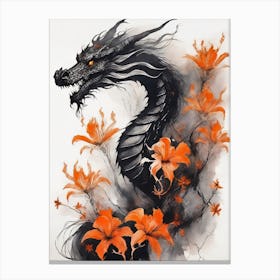 Japanese Dragon Abstract Flowers Painting (24) Canvas Print