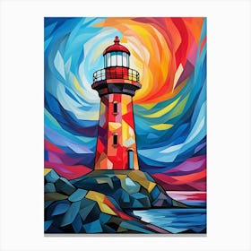 Lighthouse Tower at Sunset V, Vibrant Colorful Painting in Cubism Picasso Style Canvas Print