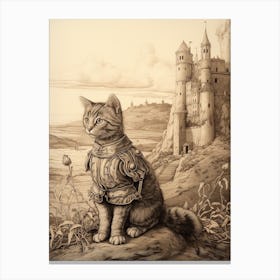 Cat In Armour Outside A Medieval Castle Sepia Canvas Print