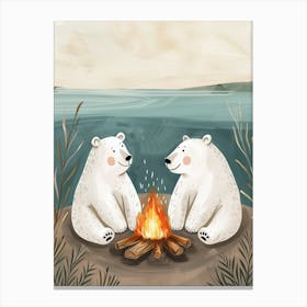 Polar Bear Two Bears Sitting Together By A Campfire Storybook Illustration 4 Canvas Print
