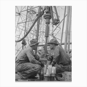 Untitled Photo, Possibly Related To Oil Drillers Talking With Bits In Front Of Them And Drilling Equipment In Background Canvas Print