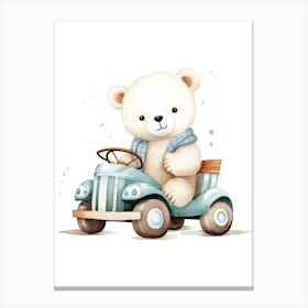 Baby Polar Bear On A Toy Car, Watercolour Nursery 3 Canvas Print