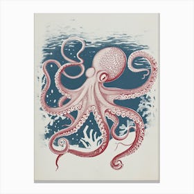 Retro Linocut Inspired Red & Navy Octopus 5 Canvas Print