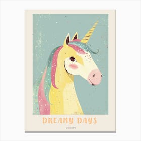 Cute Yellow Blue Pink Storybook Style Unicorn Poster Canvas Print