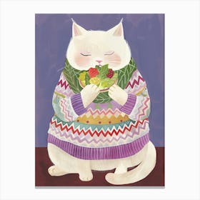 White Cat Salad Lover Folk Illustration 5 Canvas Print
