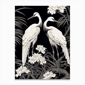 Black And White Cranes 3 Vintage Japanese Botanical Canvas Print