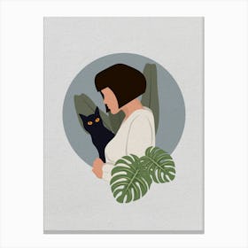 Minimal art Woman With A Cat and monstera leaves Canvas Print
