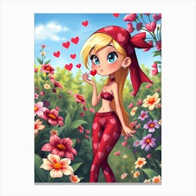 Cute girl in the flower field Canvas Print