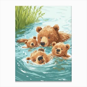 Brown Bear Family Swimming In A River Storybook Illustration 3 Canvas Print