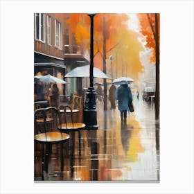 Amsterdam cafes, autumn season, rain, autumn oil colours.Faded colours,People passing on the street, winter clothes, rain umbrellas.3 3 Canvas Print